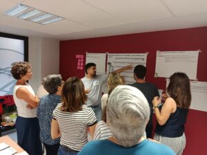 Varias personas en pie ante unas cartulinas en una sesión de Aceleración Organizativa.