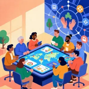 Ilustración. 9 personas sentadas al rededor de una mesa.